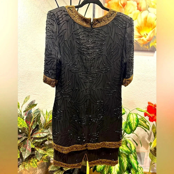 Vintage Brilliante by J.A. 100% silk beaded with black & Gold midi dress size XL - Picture 7 of 16